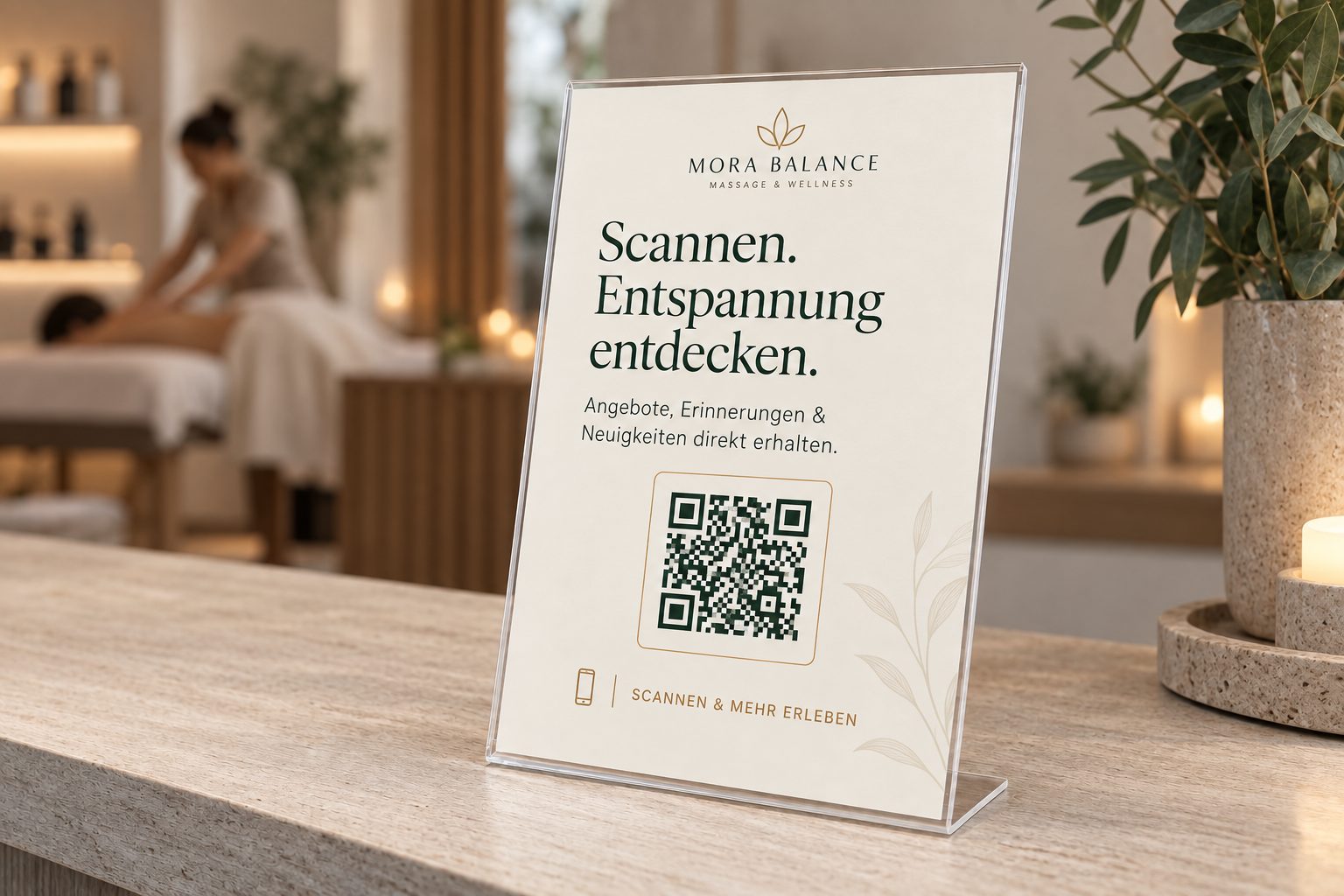 QR-Aufsteller in einem Massagestudio