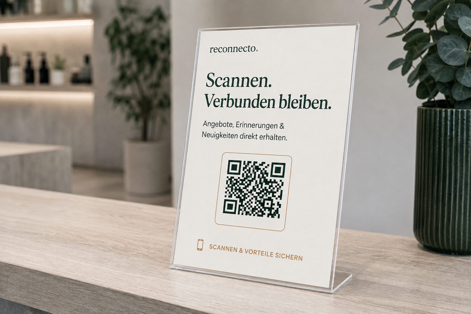 Reconnecto QR-Aufsteller auf der Theke eines Salons