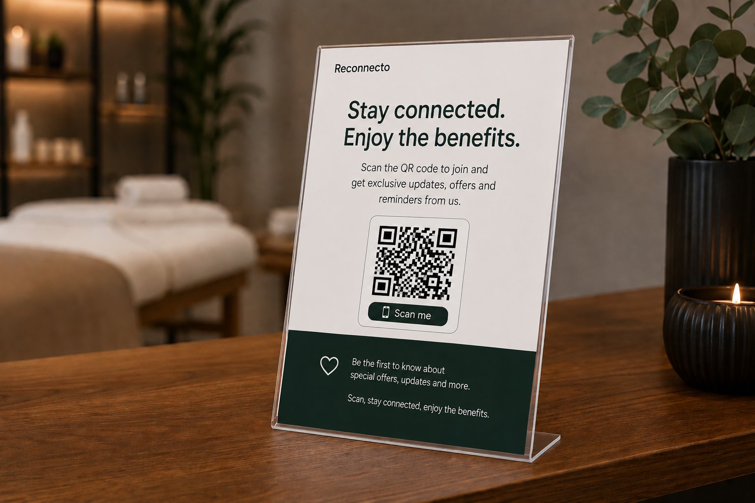 Reconnecto QR code display stand in a massage studio